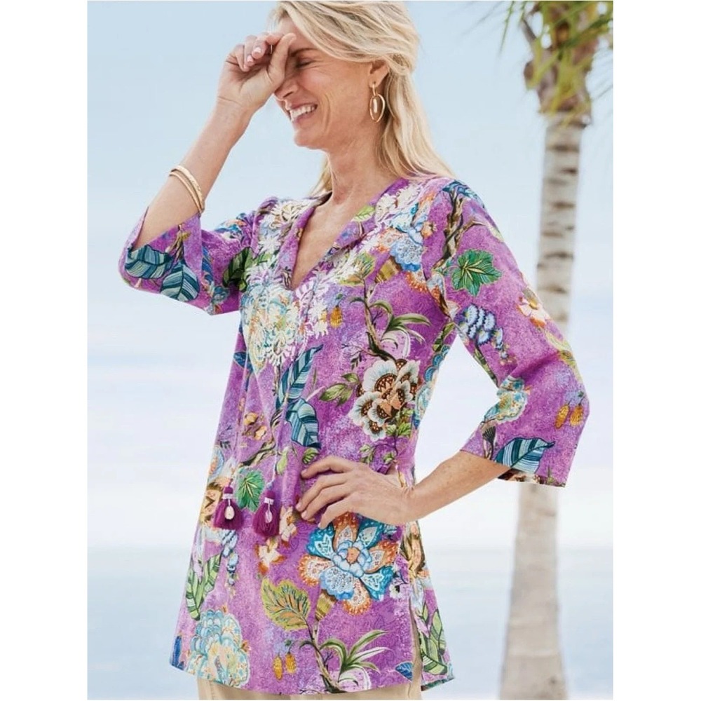 Soft Surroundings Selma tunic women PS purple floral boho Siesta Garden v-neck